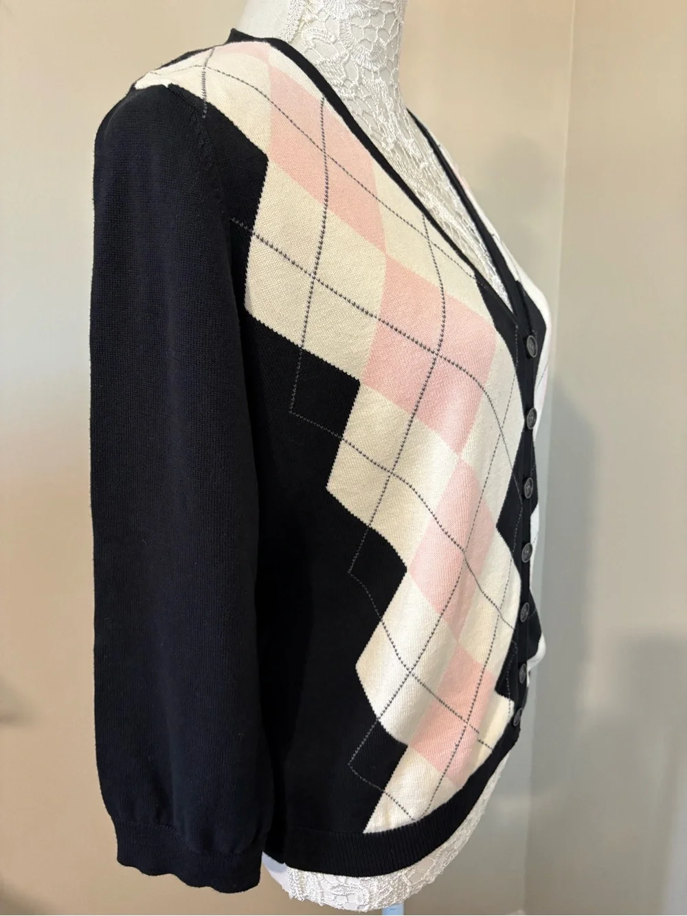 Michael Kors Black, Pink & Cream Argyle V-Neck Cardigan 100% Cotton XL